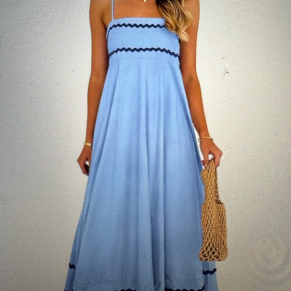 Light Blue Spaghetti Strap Maxi Dress with Navy Trim- new w tags